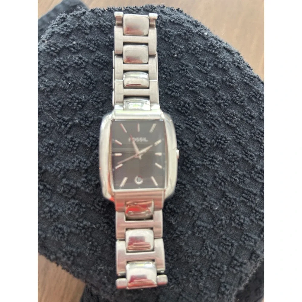 Fossil Mens Stainless Steel Rectangular Watch Black Dial FS-4029 Silver Tone‎